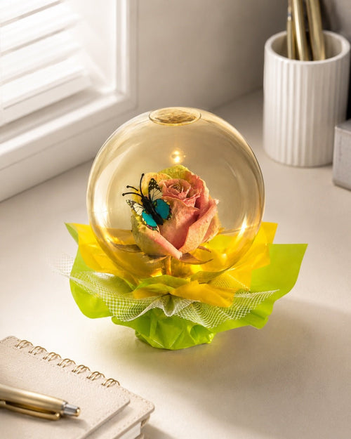Rose & Butterfly Globe Romantic Keepsake Gift Decor - Sable & Red