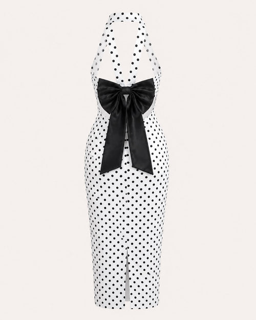 Sable & Red Polka Dot Backless Bow Midi Dress - Sable & Red