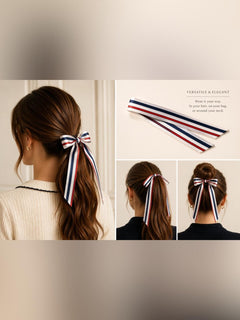 Satin Hair Scarf Ribbon Stripe Bow • MEMORIAL DAY! 4th of July! - Sable & Red