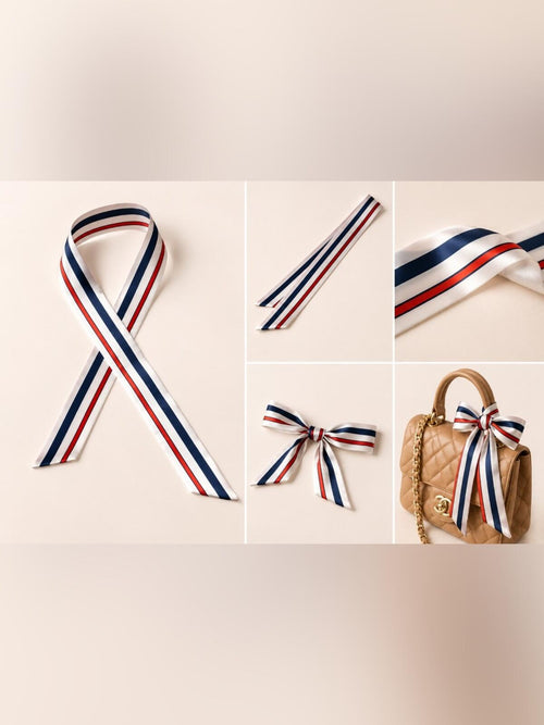 Satin Hair Scarf Ribbon Stripe Bow • MEMORIAL DAY! 4th of July! - Sable & Red