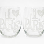 Set of 2 "I Love Paris" Stemless Wine Glasses - Handcrafted Clear Glassware - Sable & Red
