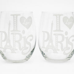 Set of 2 "I Love Paris" Stemless Wine Glasses - Handcrafted Clear Glassware - Sable & Red