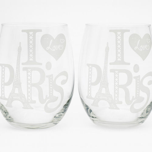 Set of 2 "I Love Paris" Stemless Wine Glasses - Handcrafted Clear Glassware - Sable & Red