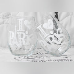 Set of 2 "I Love Paris" Stemless Wine Glasses - Handcrafted Clear Glassware - Sable & Red