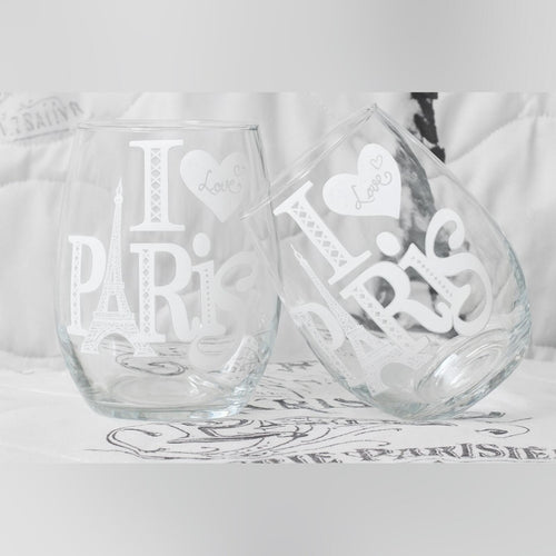 Set of 2 "I Love Paris" Stemless Wine Glasses - Handcrafted Clear Glassware - Sable & Red