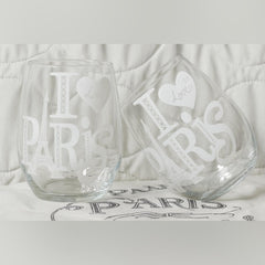 Set of 2 "I Love Paris" Stemless Wine Glasses - Handcrafted Clear Glassware - Sable & Red