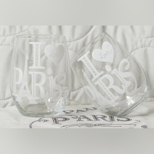 Set of 2 "I Love Paris" Stemless Wine Glasses - Handcrafted Clear Glassware - Sable & Red