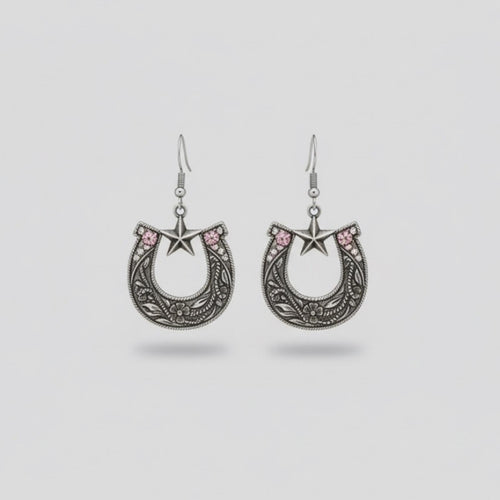 Silver Antique Brushed Metal Horseshoe Sparkling Iridescent Rhinestone Earrings - Sable & Red