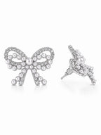 Silver Bow Stud Earrings CZ & Mini Pearl Accents 1” x 1” - Sable & Red