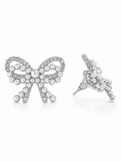 Silver Bow Stud Earrings CZ & Mini Pearl Accents 1” x 1” - Sable & Red