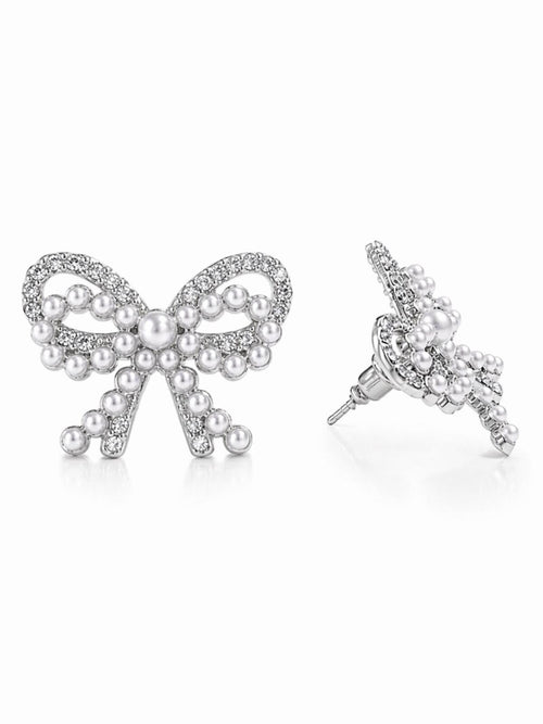 Silver Bow Stud Earrings CZ & Mini Pearl Accents 1” x 1” - Sable & Red