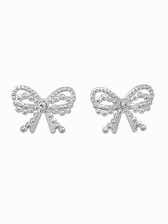 Silver Bow Stud Earrings CZ & Mini Pearl Accents 1” x 1” - Sable & Red