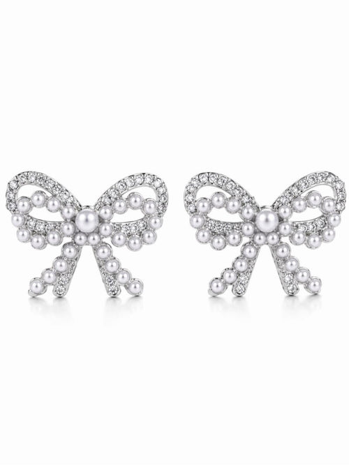 Silver Bow Stud Earrings CZ & Mini Pearl Accents 1” x 1” - Sable & Red