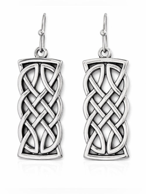 Silver Celtic Knot Dangle Earrings Rectangular Drop 1.57in - Sable & Red