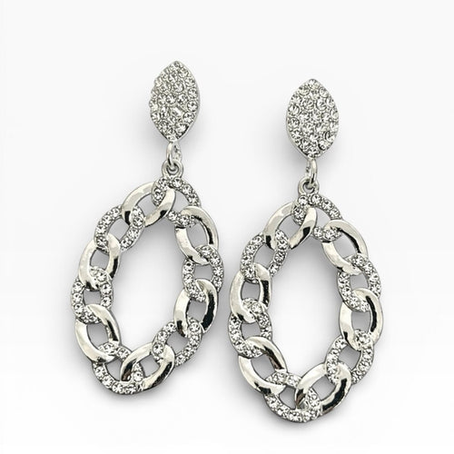 Silver Crystal Pavé Chain Link Drop Earrings – 2.5” Statement Dangles - Sable & Red