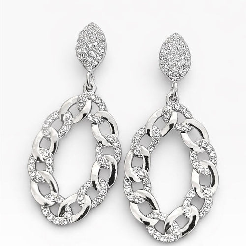 Silver Crystal Pavé Chain Link Drop Earrings – 2.5” Statement Dangles - Sable & Red