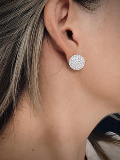 Silver Crystal Pave Stud Dome Earrings Rhinestone Round 0.56” - Sable & Red