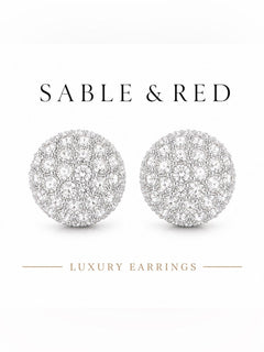 Silver Crystal Pave Stud Dome Earrings Rhinestone Round 0.56” - Sable & Red