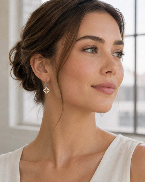 Silver Cubic Zirconia Clover Earrings CZ | Mini Drop Dangle - Sable & Red