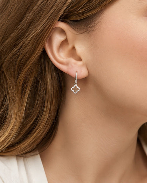 Silver Cubic Zirconia Clover Earrings CZ | Mini Drop Dangle - Sable & Red