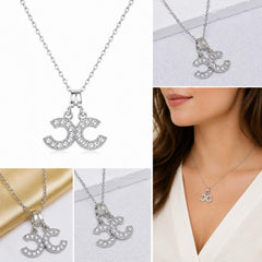 Silver Double CC Crystal Pendant Necklace 18” Chain - Sable & Red