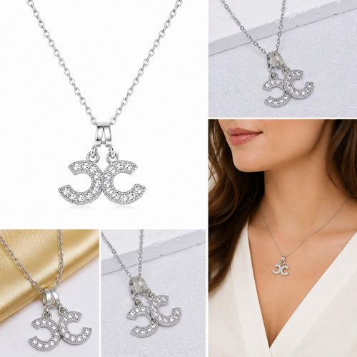 Silver Double CC Crystal Pendant Necklace 18” Chain - Sable & Red