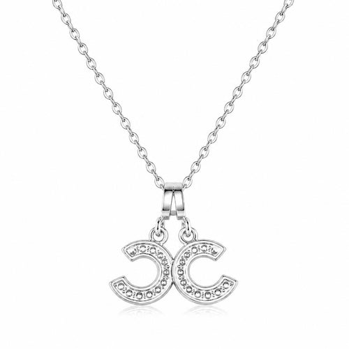 Silver Double CC Crystal Pendant Necklace 18” Chain - Sable & Red