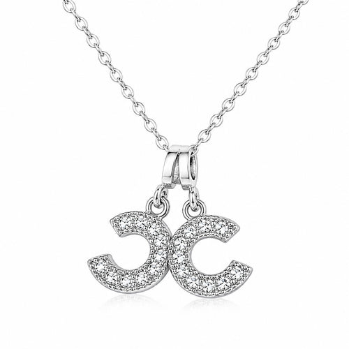 Silver Double CC Crystal Pendant Necklace 18” Chain - Sable & Red