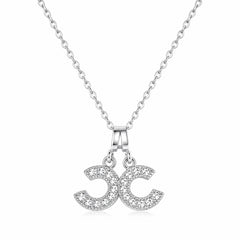 Silver Double CC Crystal Pendant Necklace 18” Chain - Sable & Red
