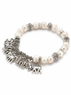 Silver Elephant Charm Pearl Bead Stretch Bracelet - Sable & Red
