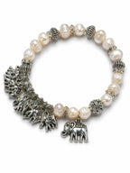 Silver Elephant Charm Pearl Bead Stretch Bracelet - Sable & Red