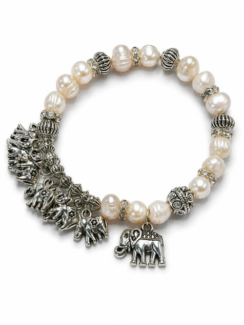 Silver Elephant Charm Pearl Bead Stretch Bracelet - Sable & Red