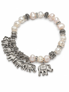 Silver Elephant Charm Pearl Bead Stretch Bracelet - Sable & Red