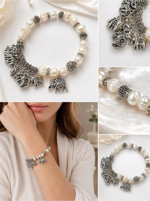Silver Elephant Charm Pearl Bead Stretch Bracelet - Sable & Red