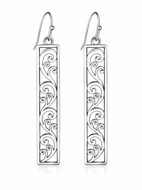 Silver Filigree Bar Dangle Earrings Rectangle Drop 2.13in - Sable & Red