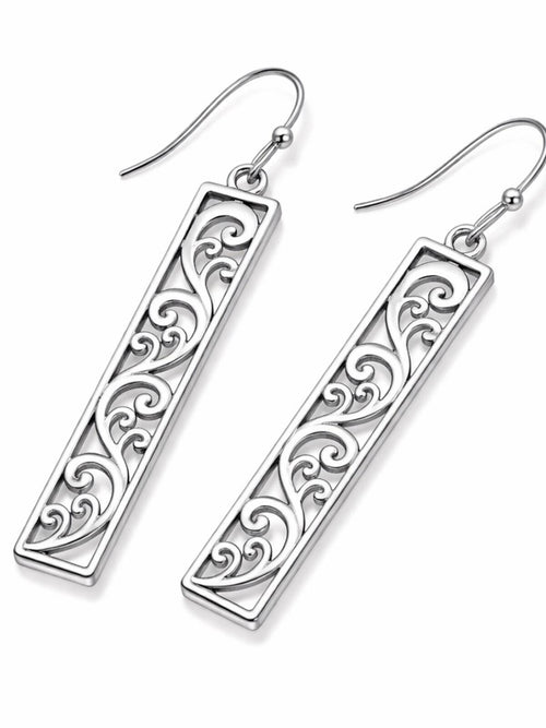 Silver Filigree Bar Dangle Earrings Rectangle Drop 2.13in - Sable & Red