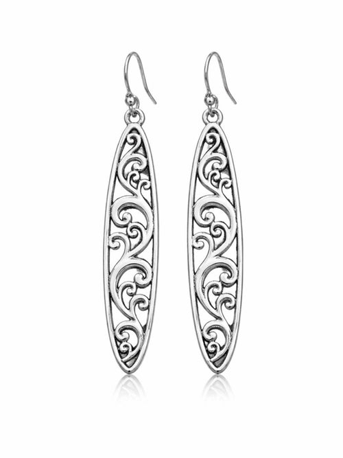 Silver Filigree Drop Earrings Openwork Scroll Design 2.17in - Sable & Red