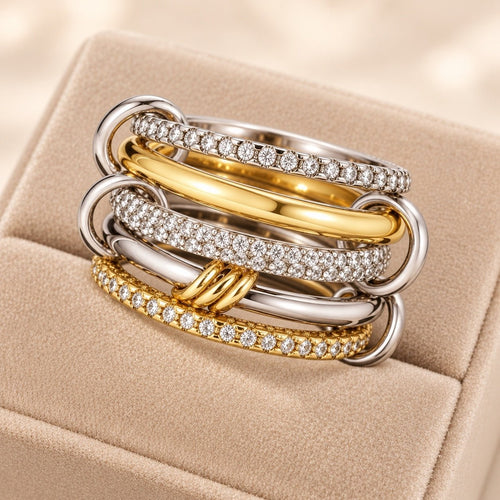 Silver Gold Diamond Stackable Multi Ring Set of 5 Rings • Statement • Fidget Lux - Sable & Red