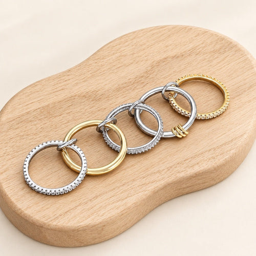 Silver Gold Diamond Stackable Multi Ring Set of 5 Rings • Statement • Fidget Lux - Sable & Red