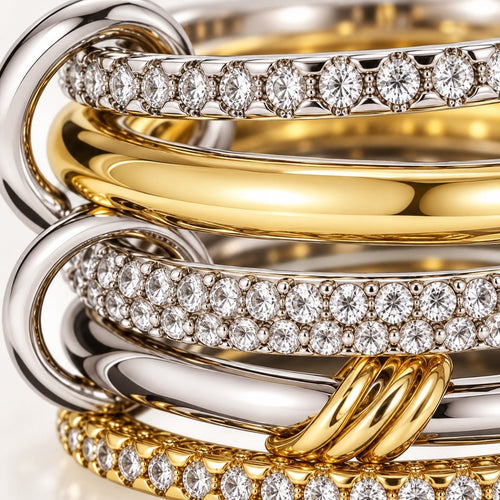 Silver Gold Diamond Stackable Multi Ring Set of 5 Rings • Statement • Fidget Lux - Sable & Red