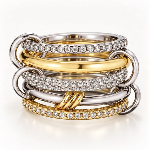 Silver Gold Diamond Stackable Multi Ring Set of 5 Rings • Statement • Fidget Lux - Sable & Red