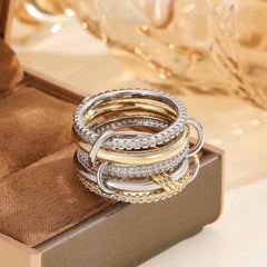 Silver Gold Diamond Stackable Multi Ring Set of 5 Rings • Statement • Fidget Lux - Sable & Red