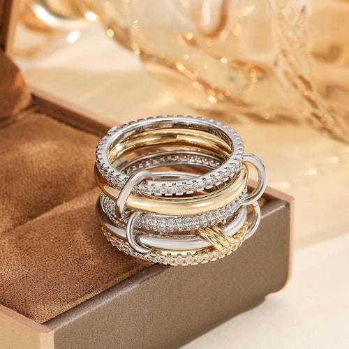 Silver Gold Diamond Stackable Multi Ring Set of 5 Rings • Statement • Fidget Lux - Sable & Red
