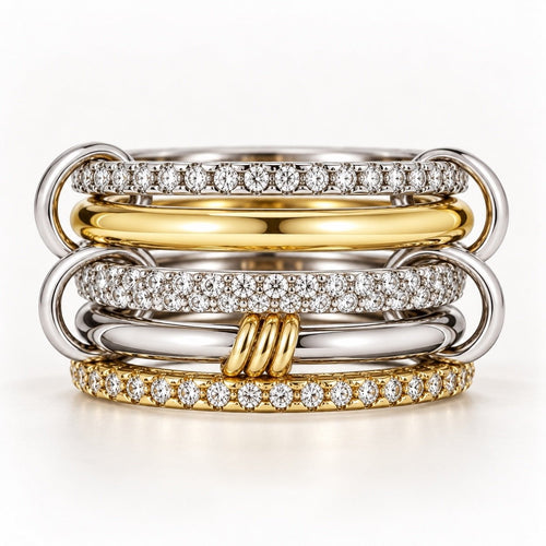 Silver Gold Diamond Stackable Multi Ring Set of 5 Rings • Statement • Fidget Lux - Sable & Red