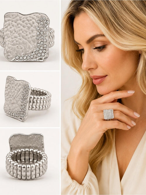 Silver Hammered Crystal Statement Stretch Ring - Sable & Red