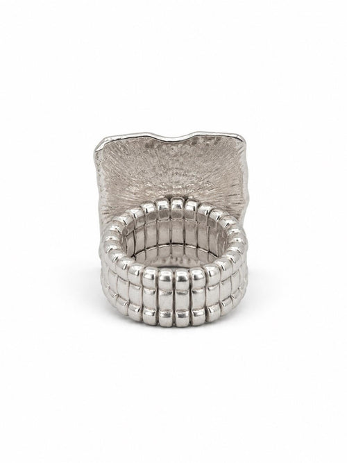 Silver Hammered Crystal Statement Stretch Ring - Sable & Red