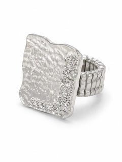 Silver Hammered Crystal Statement Stretch Ring - Sable & Red