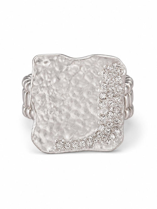 Silver Hammered Crystal Statement Stretch Ring - Sable & Red