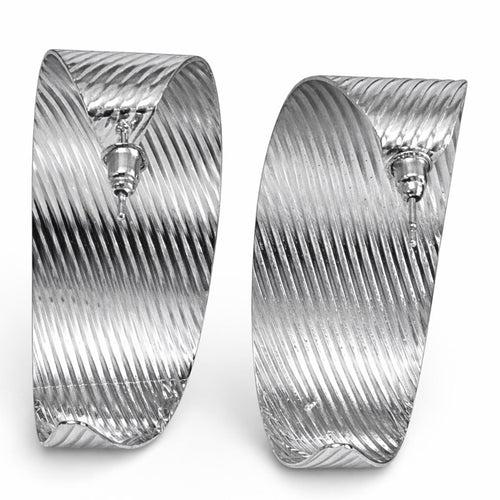 Silver Hoop Earrings with Sleek Lines - Sable & Red