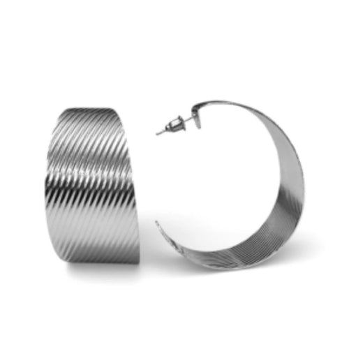 Silver Hoop Earrings with Sleek Lines - Sable & Red
